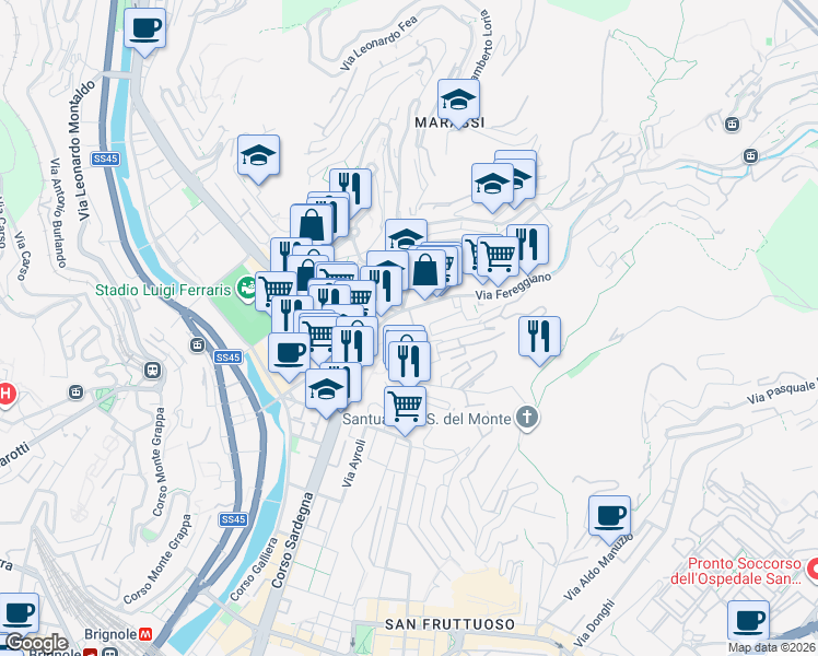 map of restaurants, bars, coffee shops, grocery stores, and more near 10 Via Fereggiano in Genova