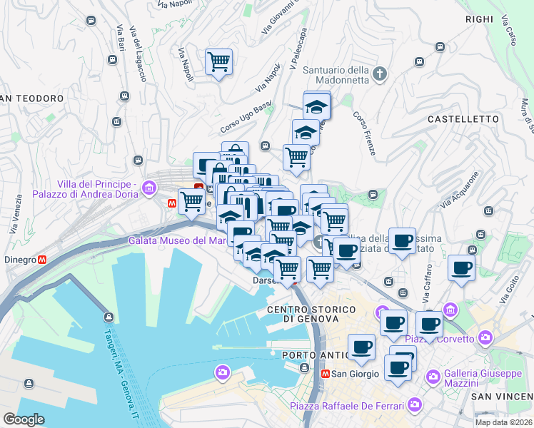map of restaurants, bars, coffee shops, grocery stores, and more near 129 Via Balbi in Genova