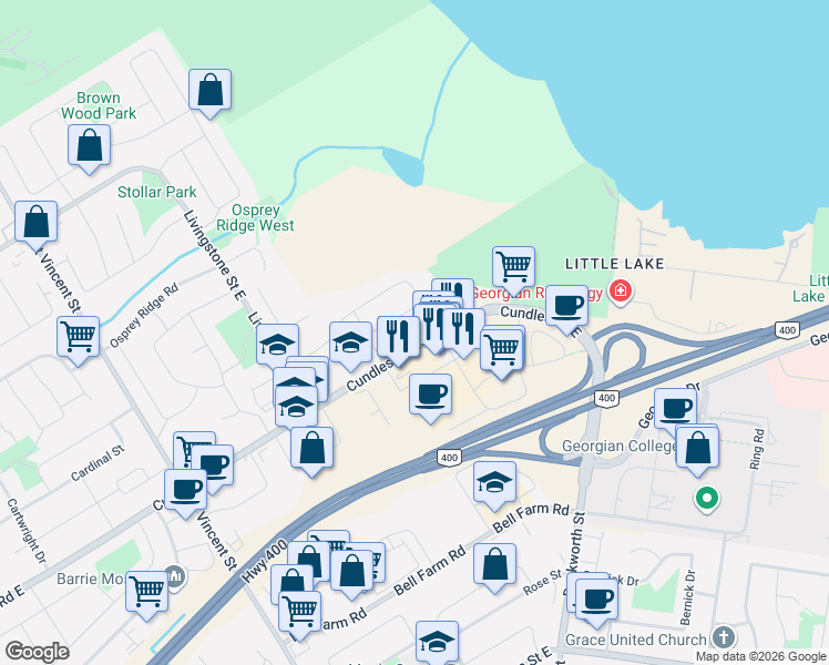map of restaurants, bars, coffee shops, grocery stores, and more near 109 Lions Gate Boulevard in Barrie