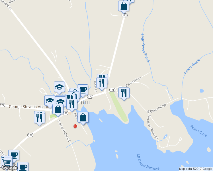 map of restaurants, bars, coffee shops, grocery stores, and more near 15 Ellsworth Road in Blue Hill
