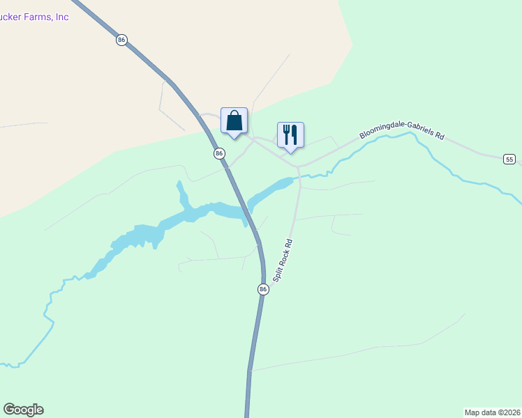 map of restaurants, bars, coffee shops, grocery stores, and more near 1135 Highway 86 in Saranac Lake