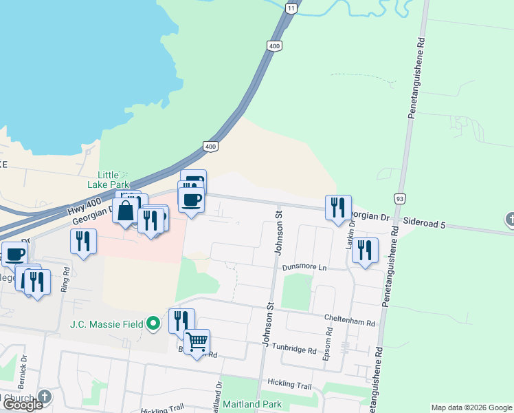 map of restaurants, bars, coffee shops, grocery stores, and more near 337 Georgian Drive in Barrie