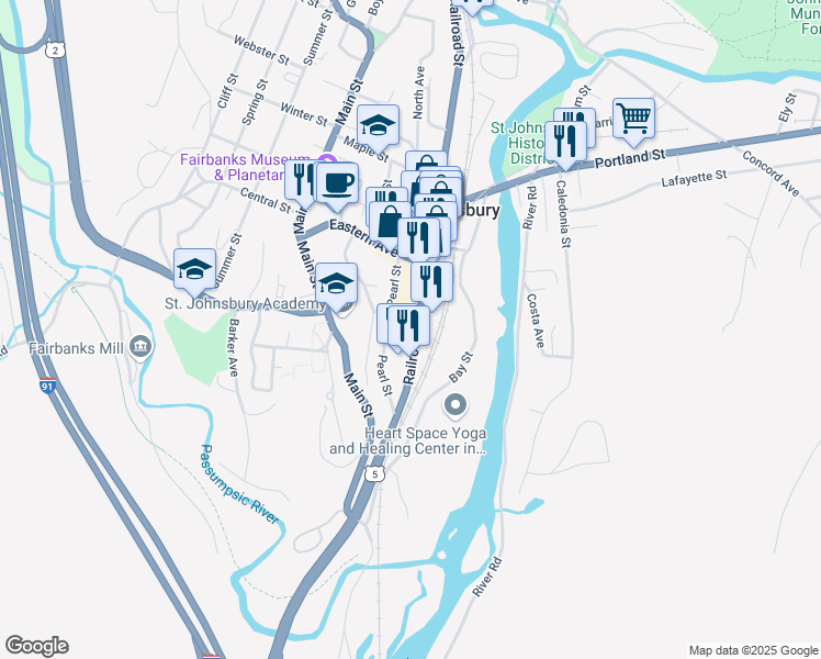 map of restaurants, bars, coffee shops, grocery stores, and more near 18 Federal Street in Saint Johnsbury