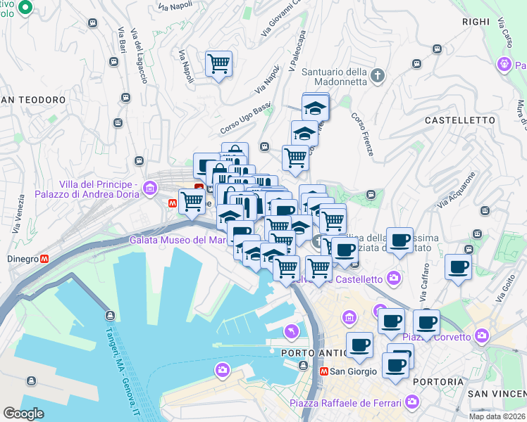 map of restaurants, bars, coffee shops, grocery stores, and more near 129 Via Balbi in Genova