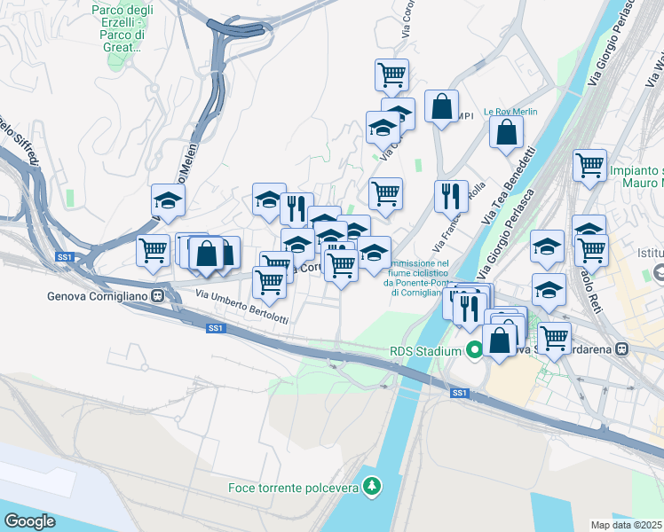 map of restaurants, bars, coffee shops, grocery stores, and more near 34 Via Cornigliano in Genoa