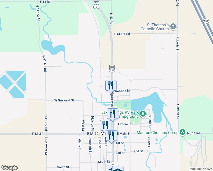 map of restaurants, bars, coffee shops, grocery stores, and more near 100-110 Cedar Street in Manton