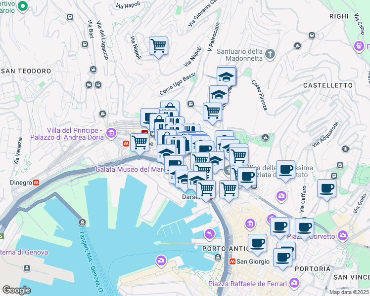 map of restaurants, bars, coffee shops, grocery stores, and more near 129 Via Balbi in Genova
