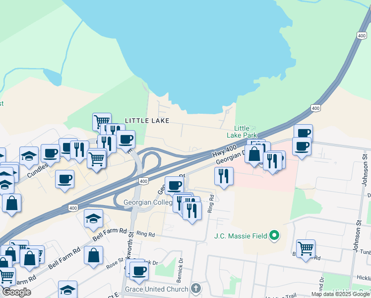 map of restaurants, bars, coffee shops, grocery stores, and more near 56 Lakeside Terrace in Barrie