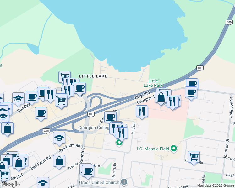 map of restaurants, bars, coffee shops, grocery stores, and more near 58 Lakeside Terrace in Barrie