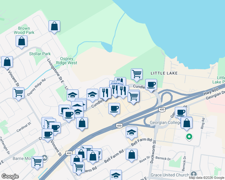 map of restaurants, bars, coffee shops, grocery stores, and more near 109 Lions Gate Boulevard in Barrie