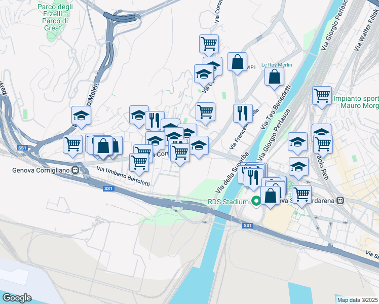 map of restaurants, bars, coffee shops, grocery stores, and more near 34 Via Cornigliano in Genoa
