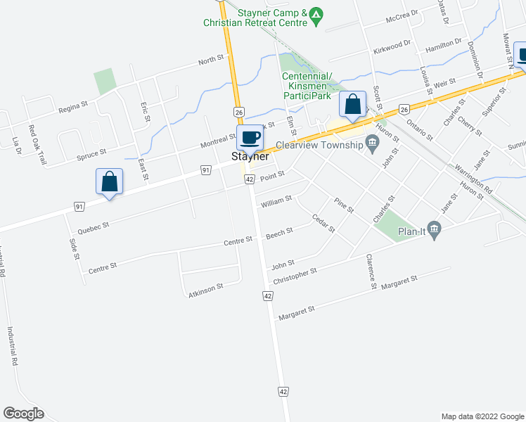 map of restaurants, bars, coffee shops, grocery stores, and more near 1057 County Road 42 in Stayner