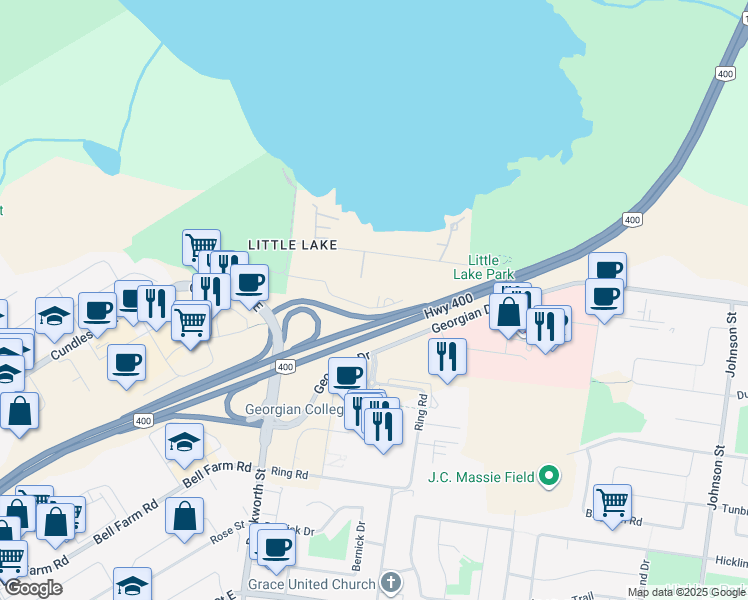 map of restaurants, bars, coffee shops, grocery stores, and more near 58 Lakeside Terrace in Barrie
