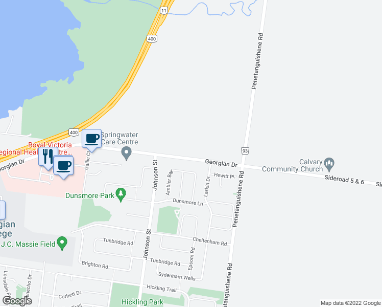 map of restaurants, bars, coffee shops, grocery stores, and more near 376 Georgian Drive in Barrie