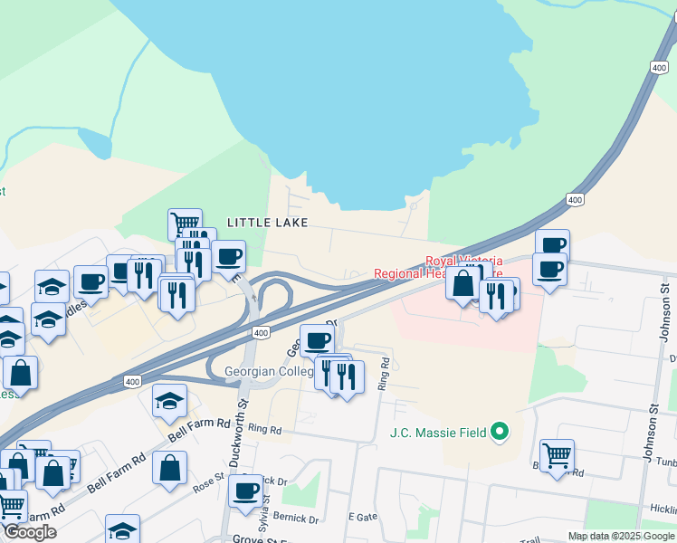map of restaurants, bars, coffee shops, grocery stores, and more near in Barrie