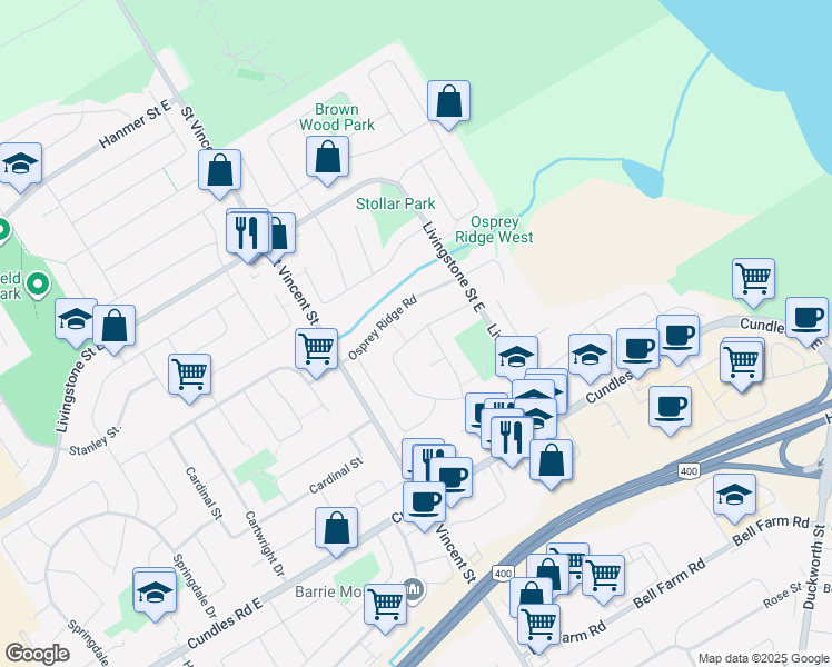 map of restaurants, bars, coffee shops, grocery stores, and more near Snowy Owl Crescent in Barrie