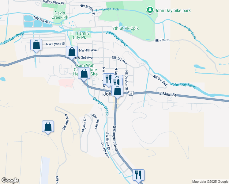 map of restaurants, bars, coffee shops, grocery stores, and more near in John Day