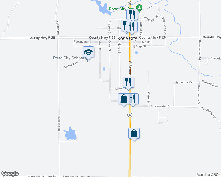 map of restaurants, bars, coffee shops, grocery stores, and more near 210 Linton Street in Rose City