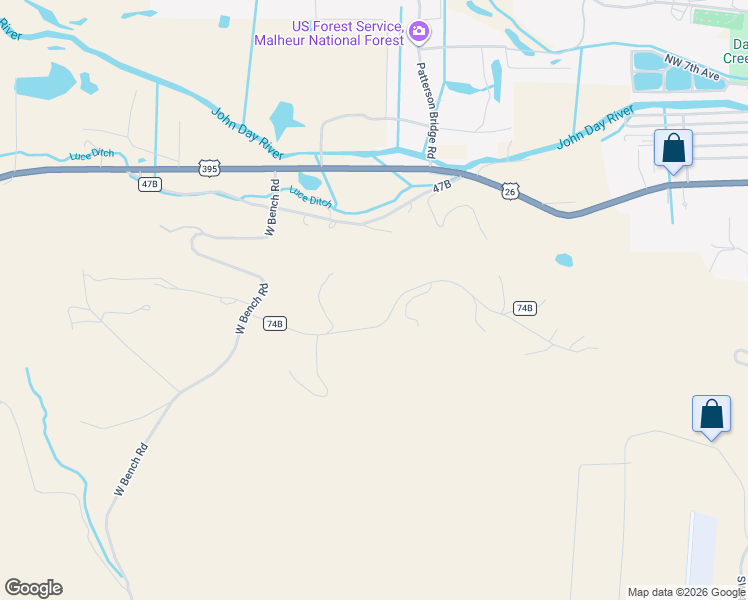 map of restaurants, bars, coffee shops, grocery stores, and more near 60031 Eastside Lane in John Day