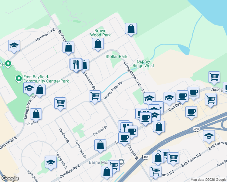 map of restaurants, bars, coffee shops, grocery stores, and more near 24 Osprey Ridge Road in Barrie
