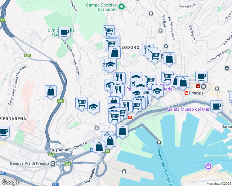 map of restaurants, bars, coffee shops, grocery stores, and more near 99 Via Venezia in Genova