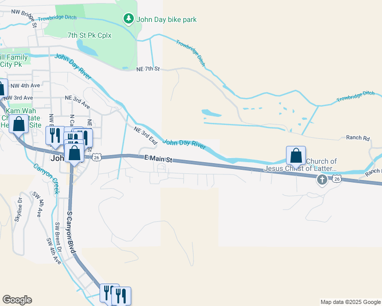 map of restaurants, bars, coffee shops, grocery stores, and more near 555 East Main Street in John Day