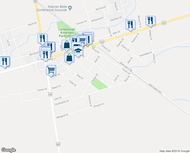 map of restaurants, bars, coffee shops, grocery stores, and more near 239 Oak Street in Stayner