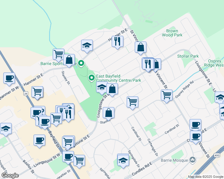 map of restaurants, bars, coffee shops, grocery stores, and more near 1 Michael Crescent in Barrie
