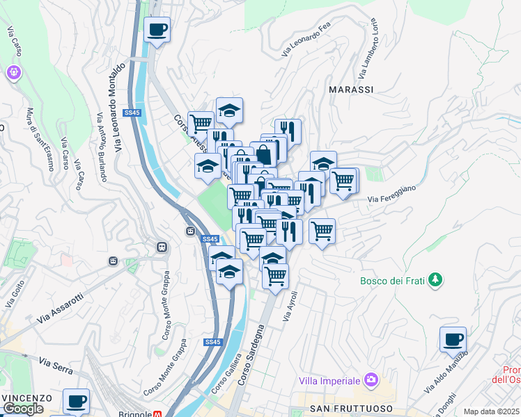 map of restaurants, bars, coffee shops, grocery stores, and more near 4 Via Casata Centuriona in Genova