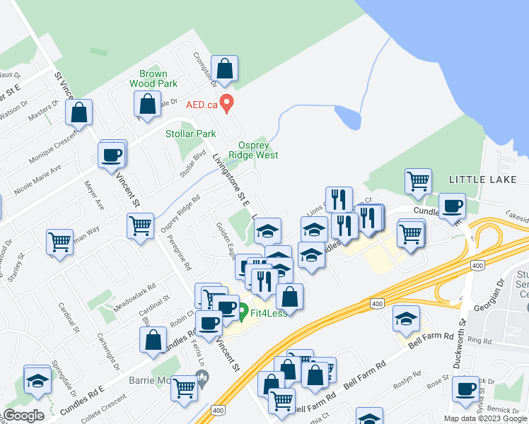 map of restaurants, bars, coffee shops, grocery stores, and more near Tascona Court in Barrie