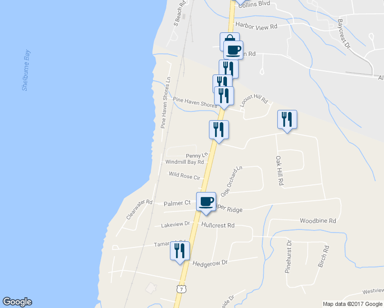 map of restaurants, bars, coffee shops, grocery stores, and more near 371 Penny Lane in Shelburne