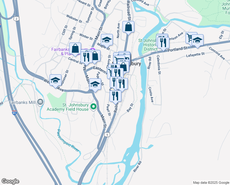 map of restaurants, bars, coffee shops, grocery stores, and more near 18 Federal Street in Saint Johnsbury