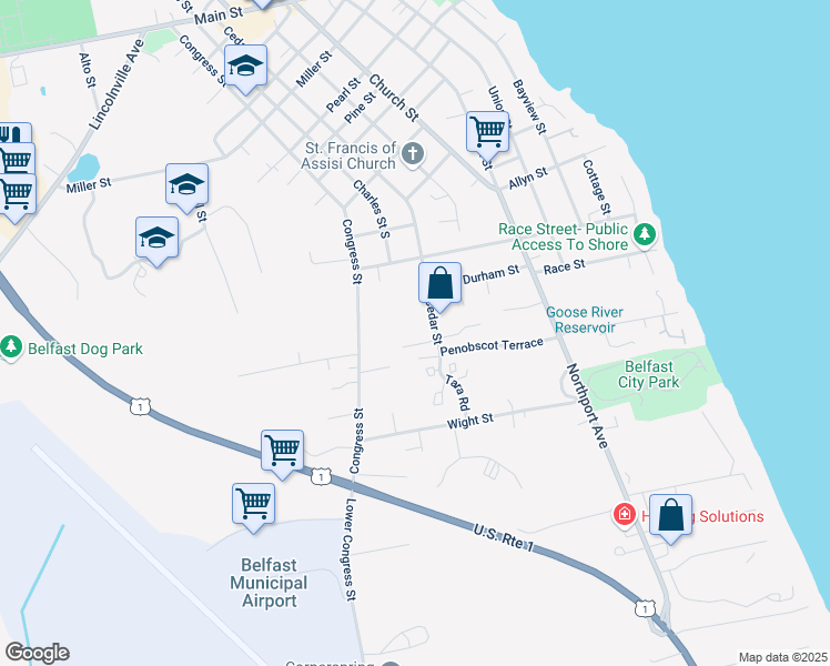 map of restaurants, bars, coffee shops, grocery stores, and more near 7 Cedar Lane in Belfast