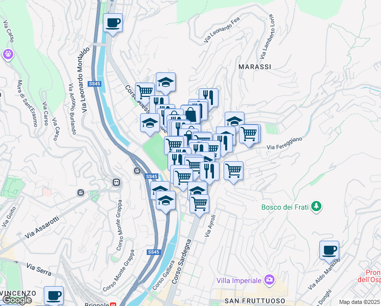 map of restaurants, bars, coffee shops, grocery stores, and more near 4 Via Casata Centuriona in Genoa