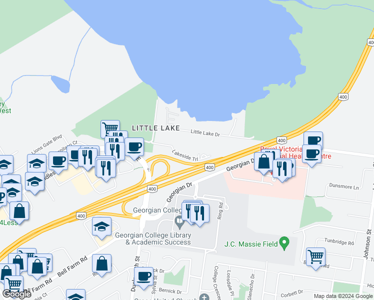 map of restaurants, bars, coffee shops, grocery stores, and more near in Barrie