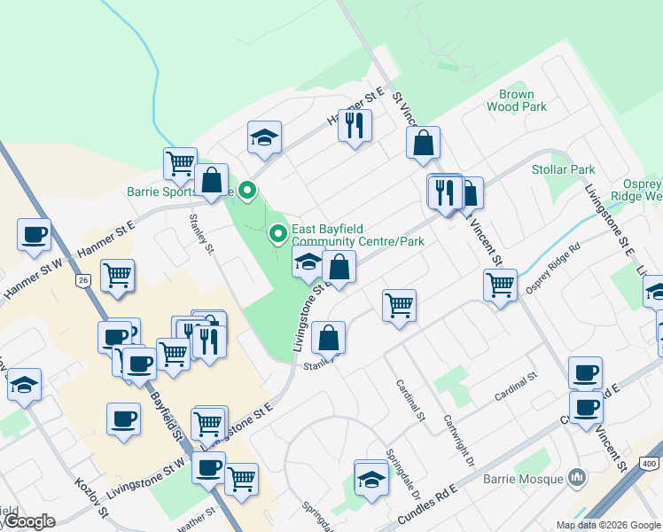 map of restaurants, bars, coffee shops, grocery stores, and more near 5 Michael Crescent in Barrie