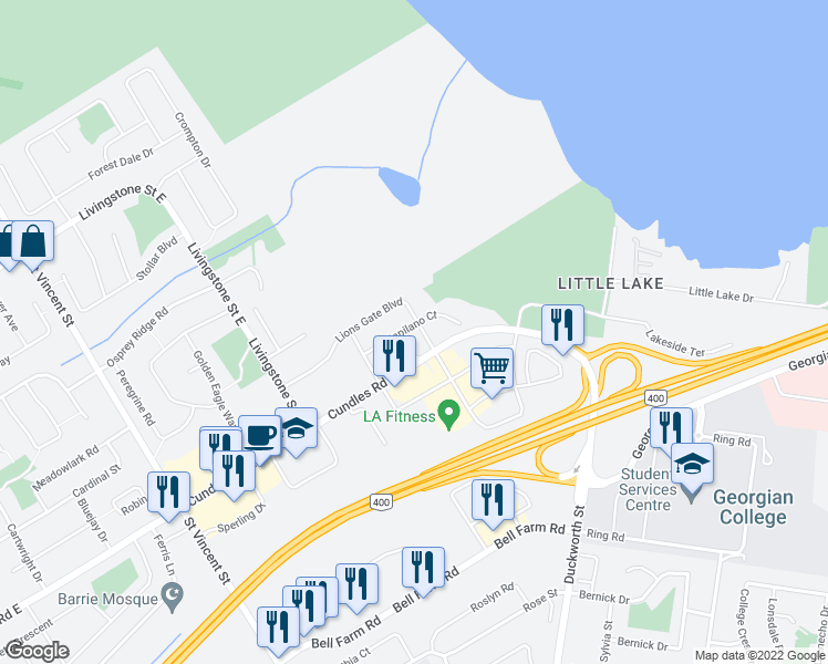 map of restaurants, bars, coffee shops, grocery stores, and more near 109 Lions Gate Boulevard in Barrie