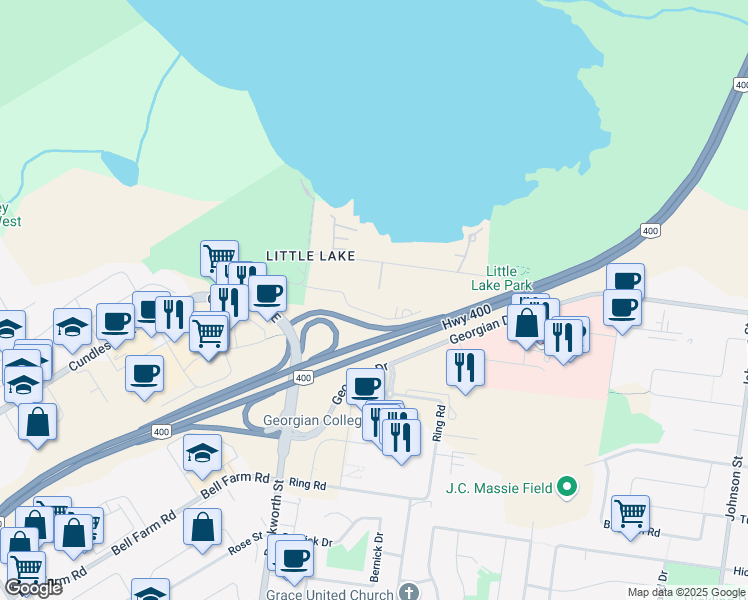 map of restaurants, bars, coffee shops, grocery stores, and more near 39 Little Lake Drive in Barrie