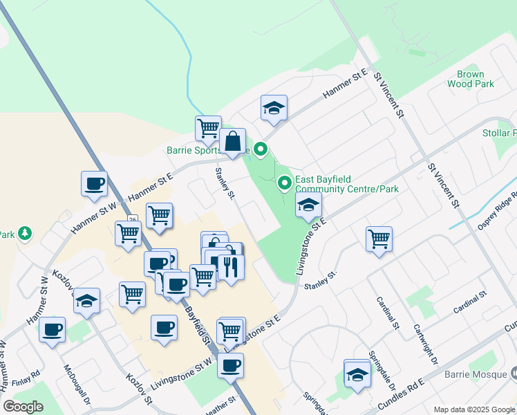 map of restaurants, bars, coffee shops, grocery stores, and more near Arch Brown Court in Barrie