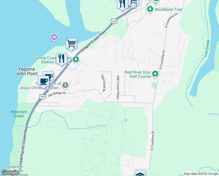 map of restaurants, bars, coffee shops, grocery stores, and more near 1420 Southwest Fairway Drive in Waldport
