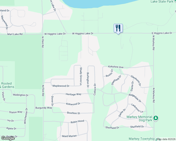map of restaurants, bars, coffee shops, grocery stores, and more near 100-174 Burlington Dr in Roscommon Township