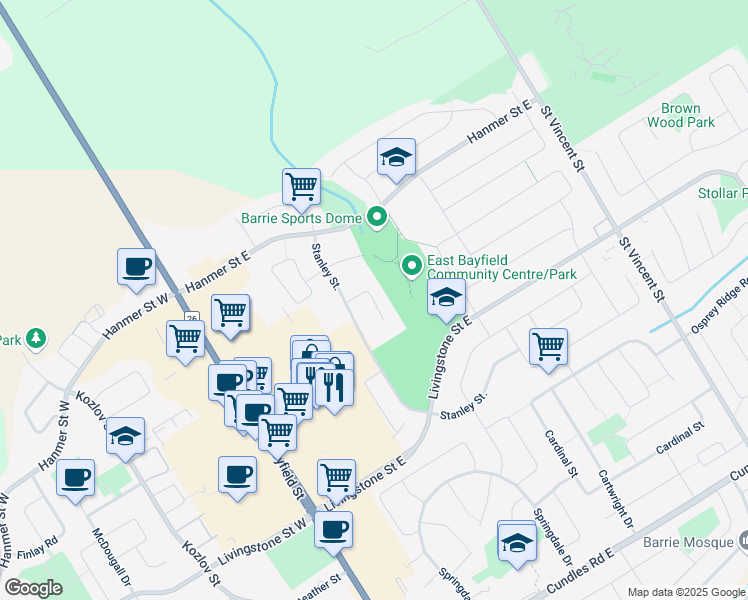 map of restaurants, bars, coffee shops, grocery stores, and more near Arch Brown Court in Barrie