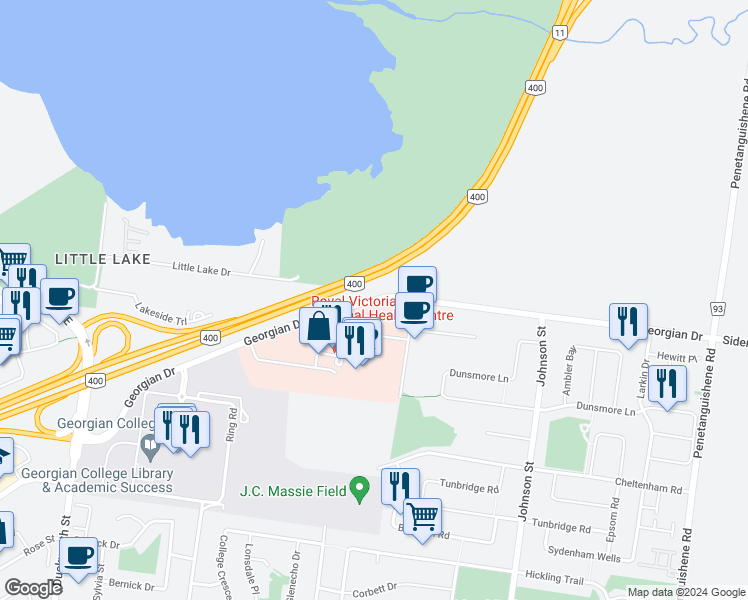 map of restaurants, bars, coffee shops, grocery stores, and more near Georgian Drive in Barrie