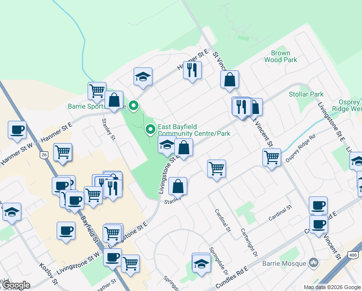 map of restaurants, bars, coffee shops, grocery stores, and more near 5 Michael Crescent in Barrie