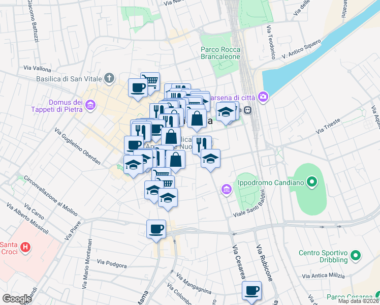 map of restaurants, bars, coffee shops, grocery stores, and more near 20 Via Francesco Negri in Ravenna