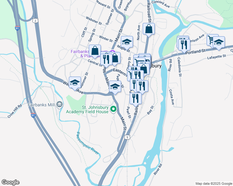 map of restaurants, bars, coffee shops, grocery stores, and more near 1000 Main Street in Saint Johnsbury