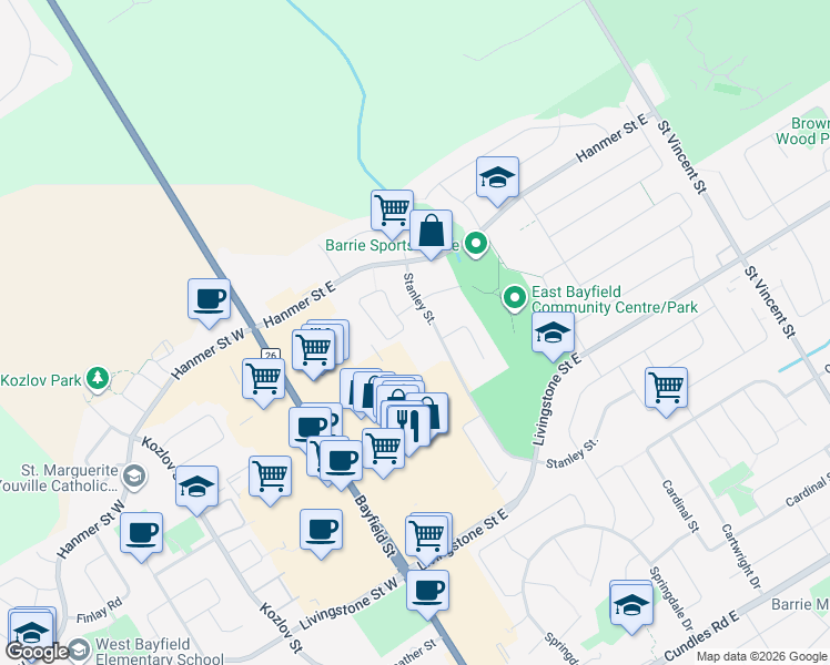 map of restaurants, bars, coffee shops, grocery stores, and more near 127 Trevino Circle in Barrie