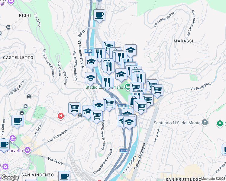 map of restaurants, bars, coffee shops, grocery stores, and more near Via James Richardson Spensley in Genova