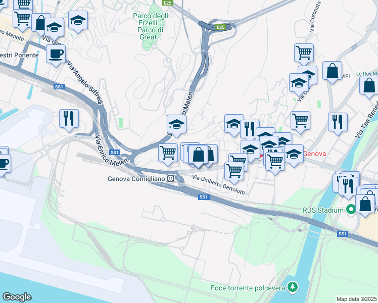 map of restaurants, bars, coffee shops, grocery stores, and more near 27 Via Tonale in Genova