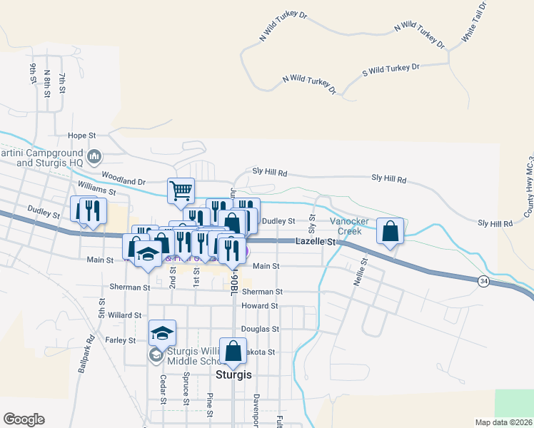 map of restaurants, bars, coffee shops, grocery stores, and more near 929 Lazelle Street in Sturgis